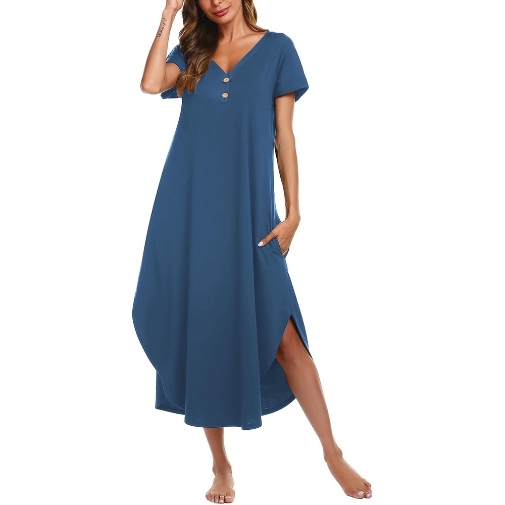 image:imageEkouaer Long Nightgowns For Women Short Sleeve Midi Nightgown With PocketsNavy