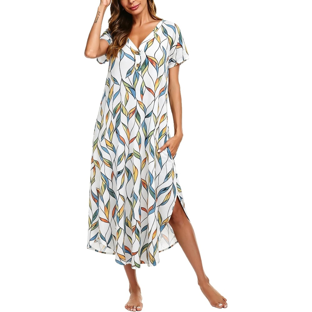 image:imageEkouaer Long Nightgowns For Women Short Sleeve Midi Nightgown With PocketsYellow Leaves