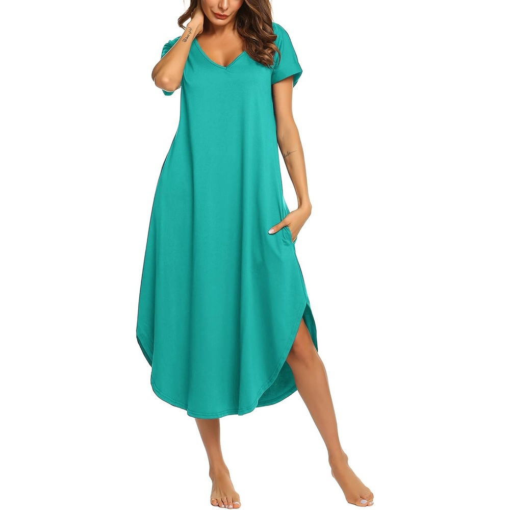 image:imageEkouaer Long Nightgowns for Women V Neck Moo Moos House Dress with PocketsAqua Green