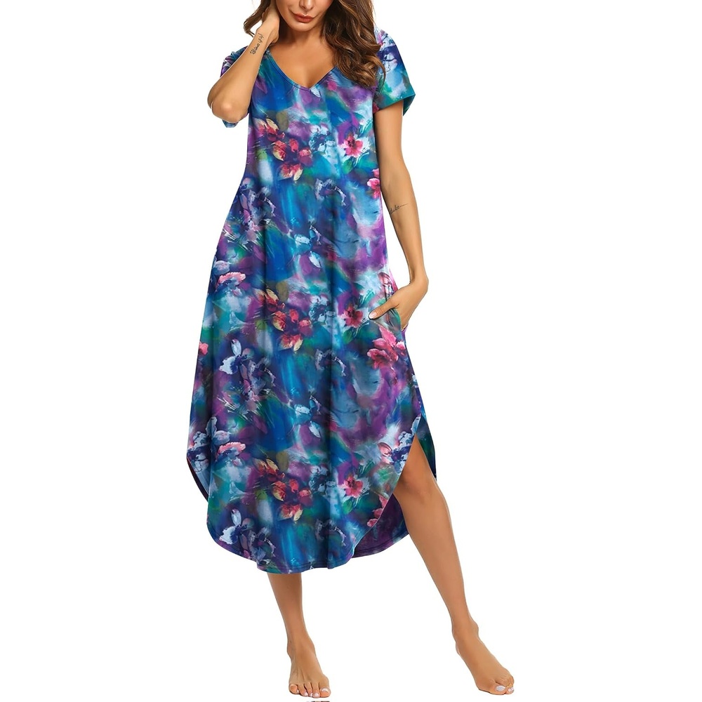 image:imageEkouaer Long Nightgowns for Women V Neck Moo Moos House Dress with PocketsDark Blue Tie Dye