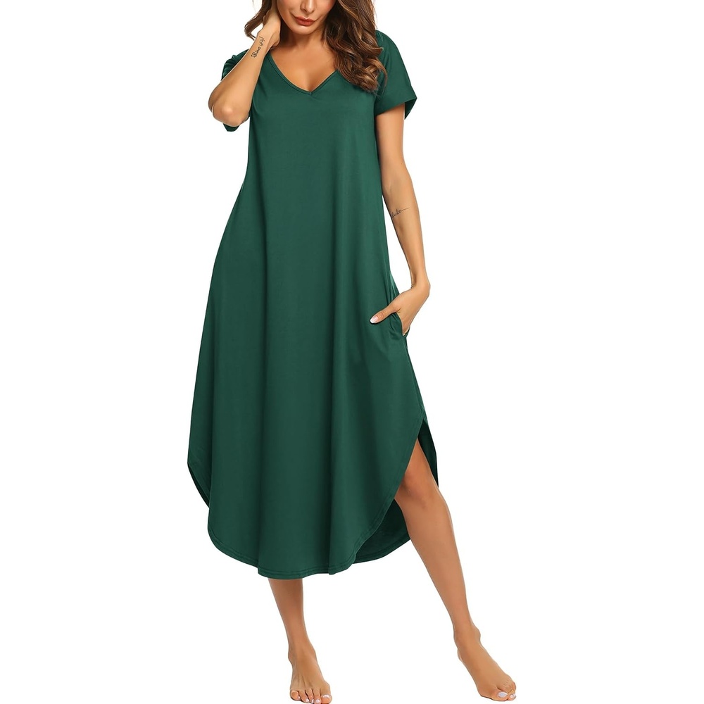 image:imageEkouaer Long Nightgowns for Women V Neck Moo Moos House Dress with PocketsDark Green