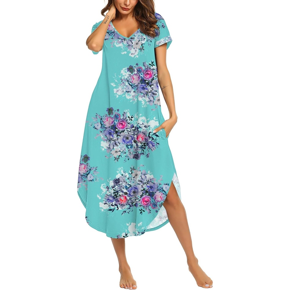 image:imageEkouaer Long Nightgowns for Women V Neck Moo Moos House Dress with PocketsFlower Blue