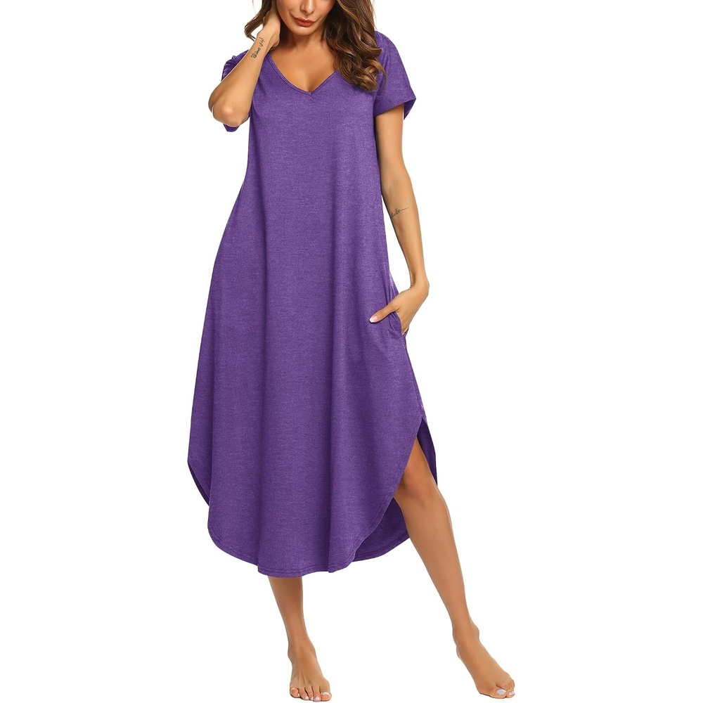 image:imageEkouaer Long Nightgowns for Women V Neck Moo Moos House Dress with PocketsPurple