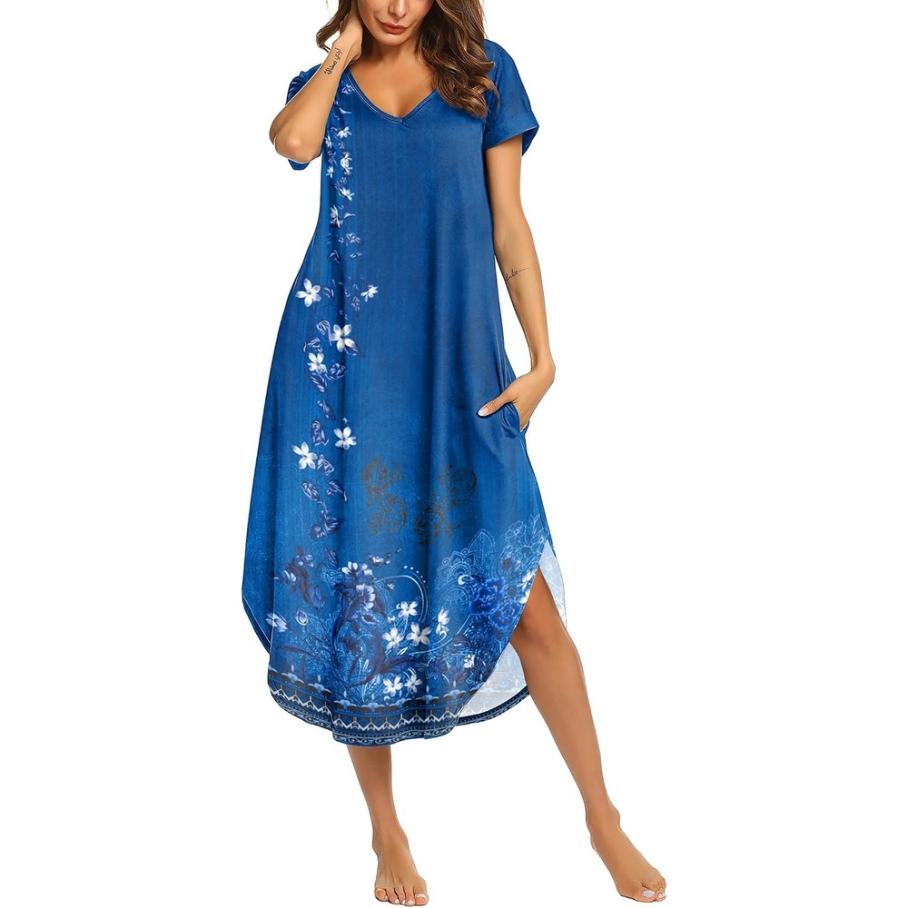 image:imageEkouaer Long Nightgowns for Women V Neck Moo Moos House Dress with PocketsRoyalblue Floral