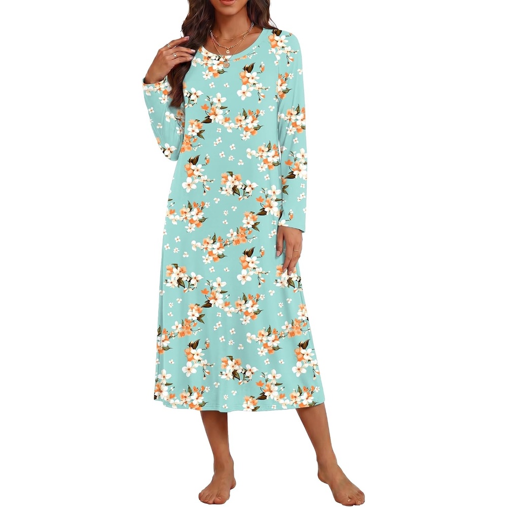 image:imageEkouaer Long Sleeve Nightgowns for Women Calf Length Sleep ShirtsLight Green Floral
