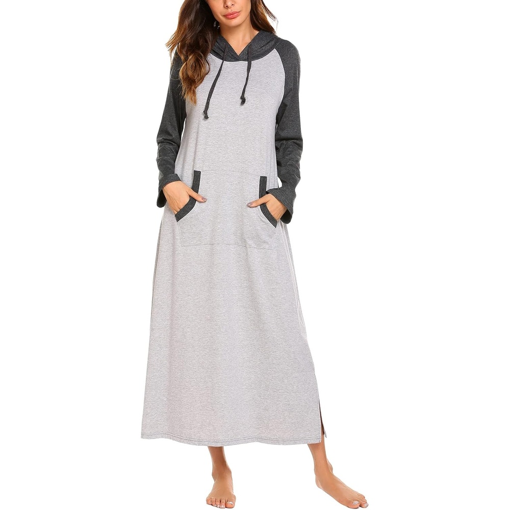 image:imageEkouaer Nightgowns for Women Cotton Nightgown Long Sleeve Hooded Night GownAgrey