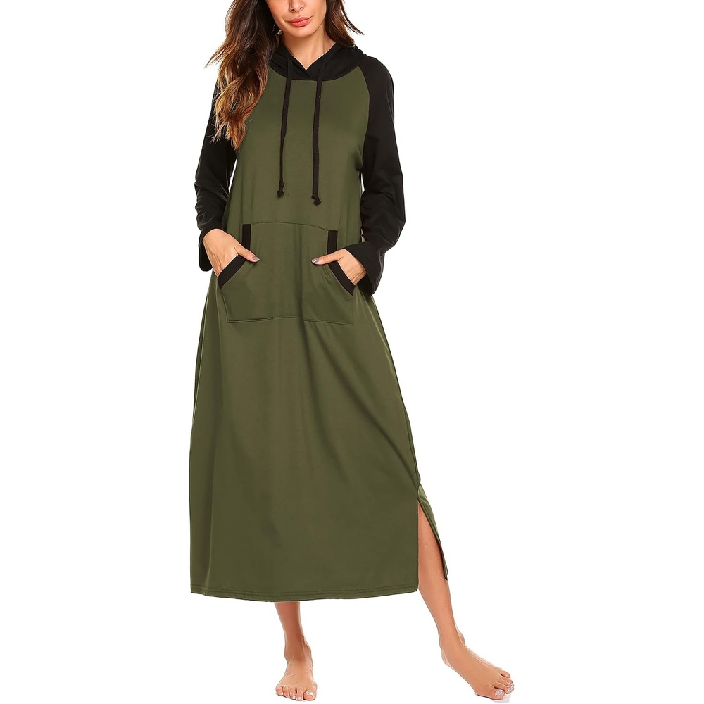 image:imageEkouaer Nightgowns for Women Cotton Nightgown Long Sleeve Hooded Night GownArmy Green
