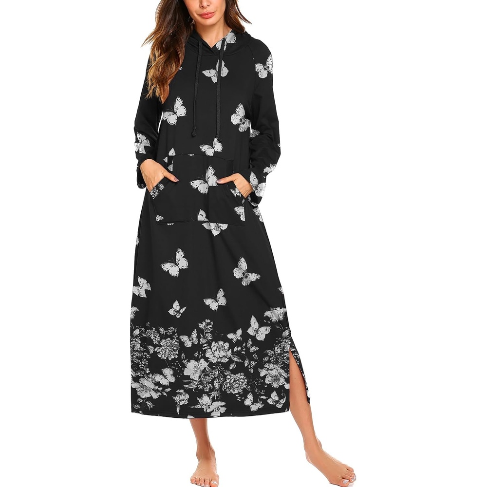 image:imageEkouaer Nightgowns for Women Cotton Nightgown Long Sleeve Hooded Night GownBlack Butterfly
