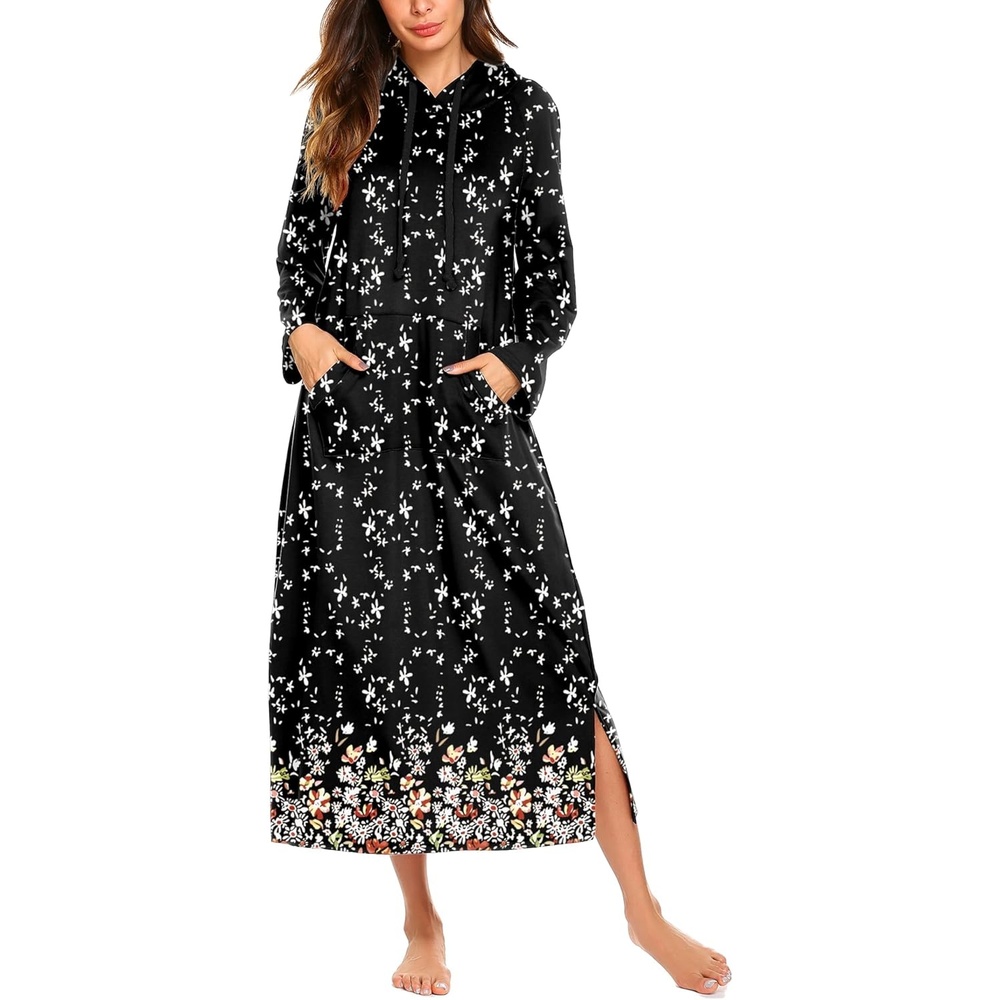 image:imageEkouaer Nightgowns for Women Cotton Nightgown Long Sleeve Hooded Night GownBlack Flowers