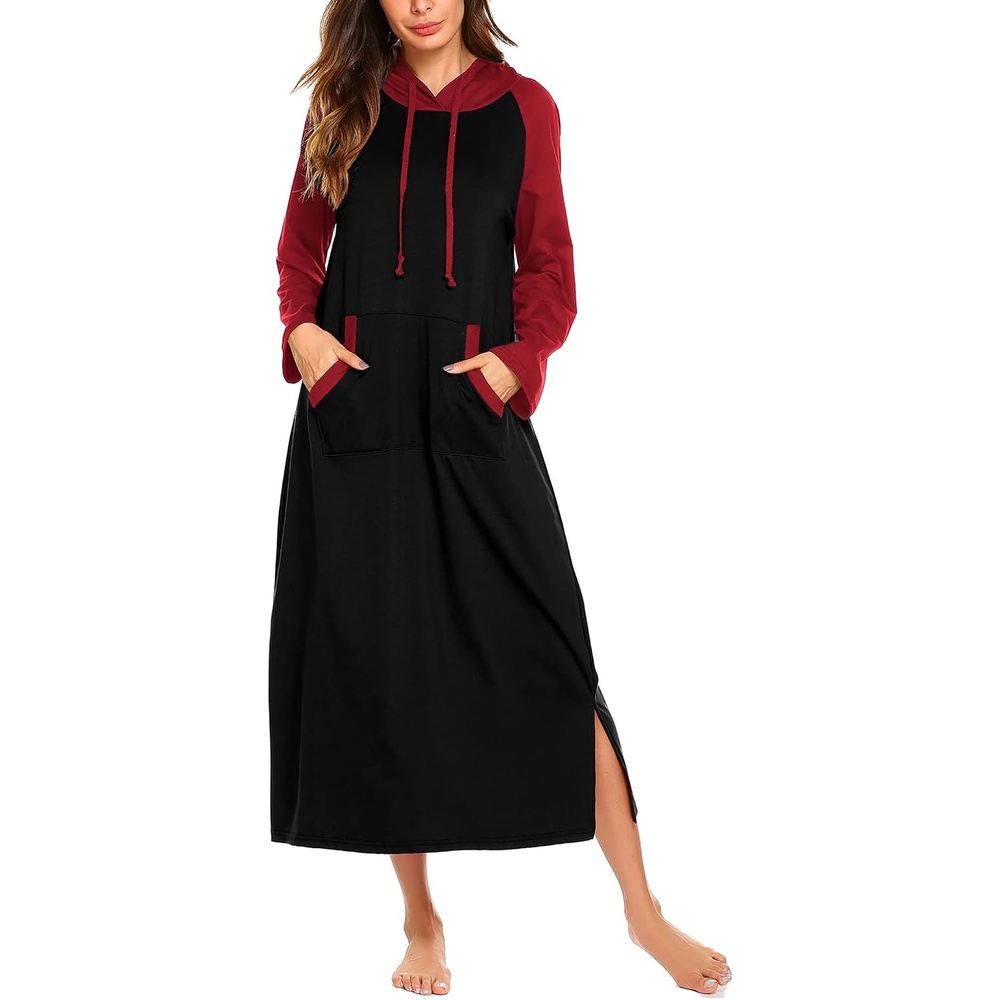 image:imageEkouaer Nightgowns for Women Cotton Nightgown Long Sleeve Hooded Night GownBlackRed