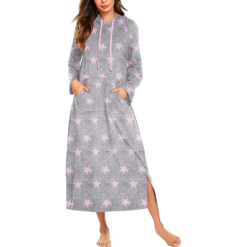 image:imageEkouaer Nightgowns for Women Cotton Nightgown Long Sleeve Hooded Night GownGrey Pink Stras