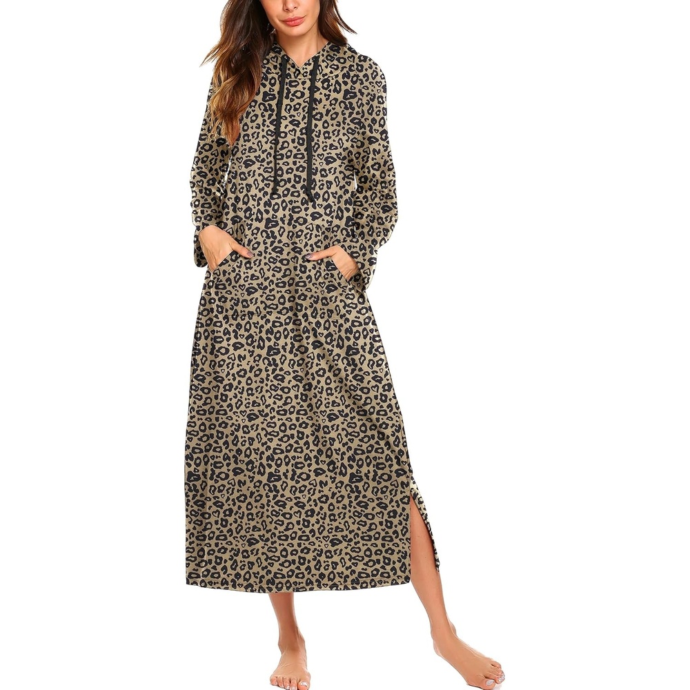 image:imageEkouaer Nightgowns for Women Cotton Nightgown Long Sleeve Hooded Night GownLeopard