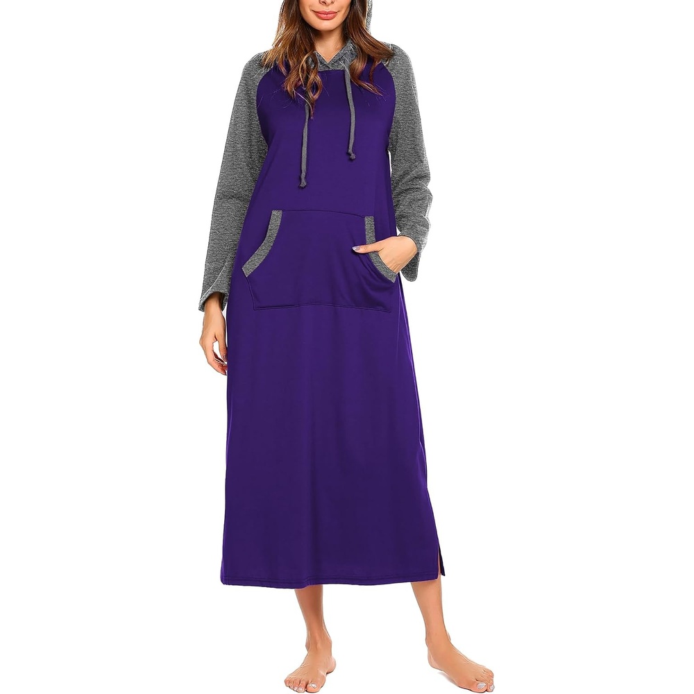 image:imageEkouaer Nightgowns for Women Cotton Nightgown Long Sleeve Hooded Night GownPurple