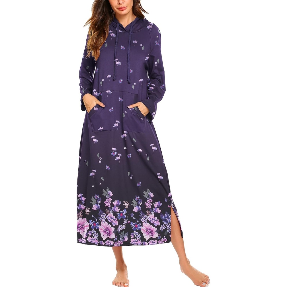 image:imageEkouaer Nightgowns for Women Cotton Nightgown Long Sleeve Hooded Night GownPurple Flower