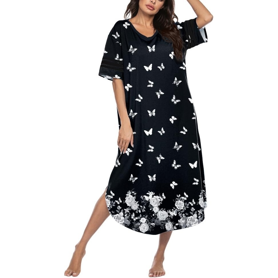 image:imageEkouaer Nightgowns for Women Long Nightgown Plus Size Moo Moos House DressBlack Butterfly