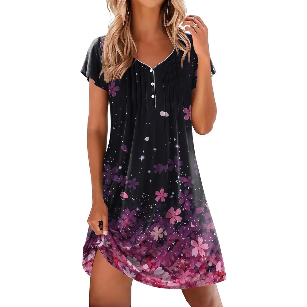 image:imageEkouaer Nightgowns for Women Short Sleeve Pleated Moo Moos with PocketsCherry Blossoms