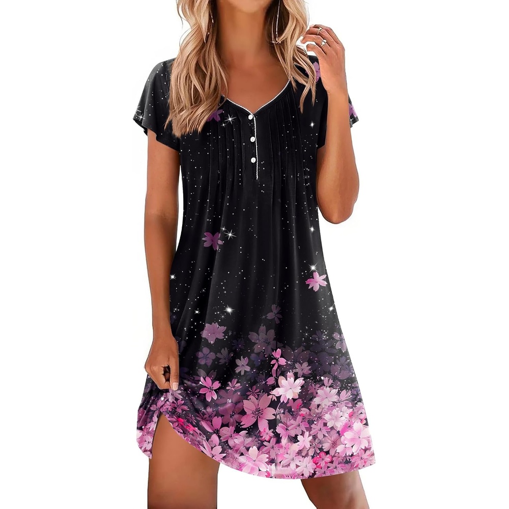 image:imageEkouaer Nightgowns for Women Short Sleeve Pleated Moo Moos with PocketsCherry Blossoms Black