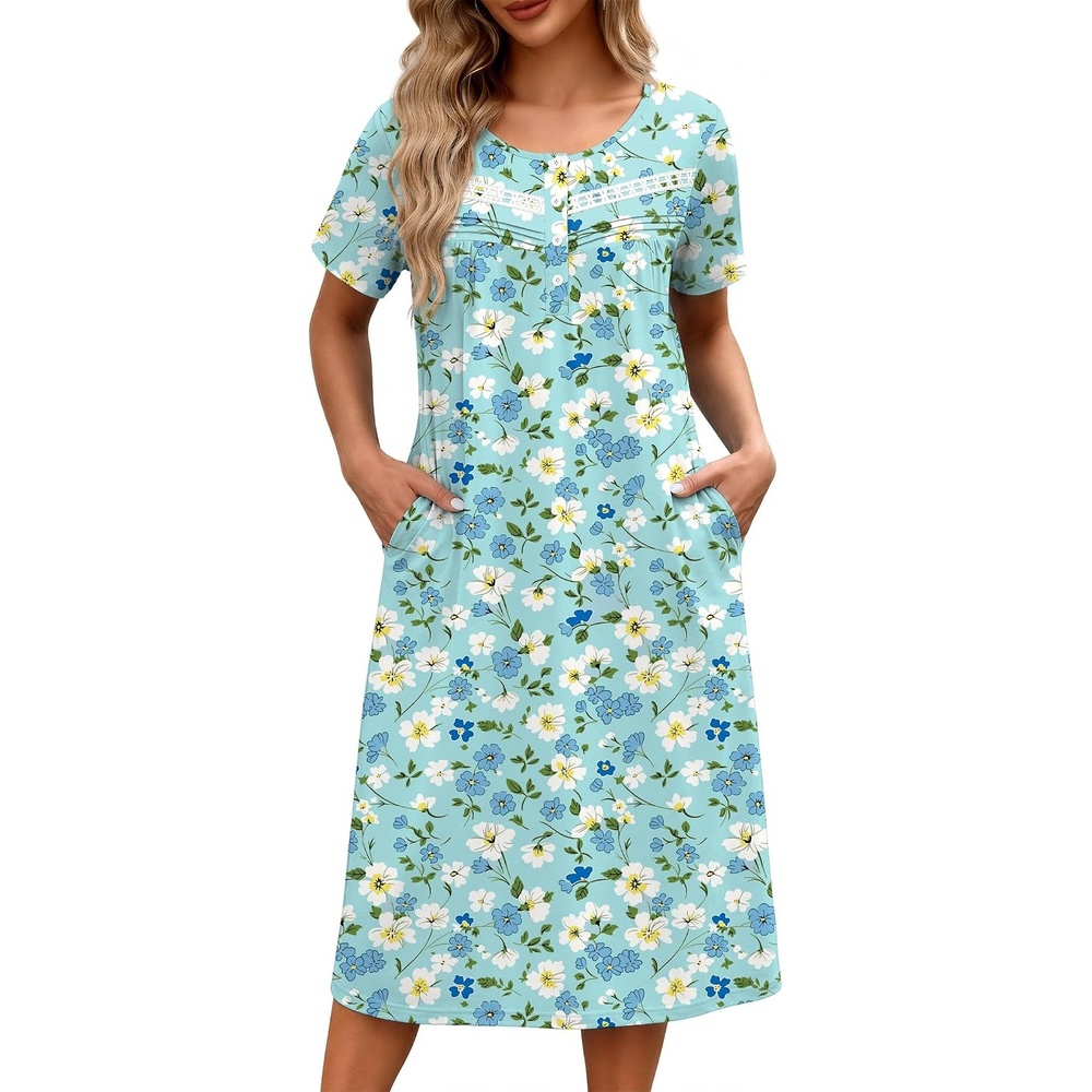 image:imageEkouaer Nightgowns for Women with Pockets Short Sleeve Henley SleepshirtsBlue Floral