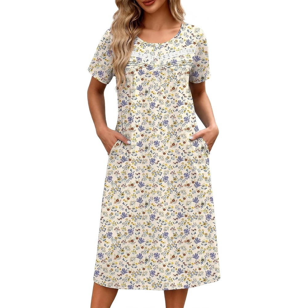 image:imageEkouaer Nightgowns for Women with Pockets Short Sleeve Henley SleepshirtsFloral and Leaf