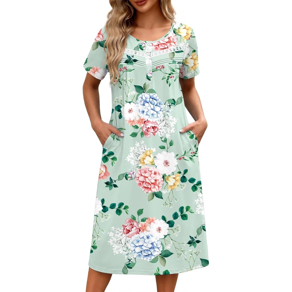 image:imageEkouaer Nightgowns for Women with Pockets Short Sleeve Henley SleepshirtsGreen Blue Floral