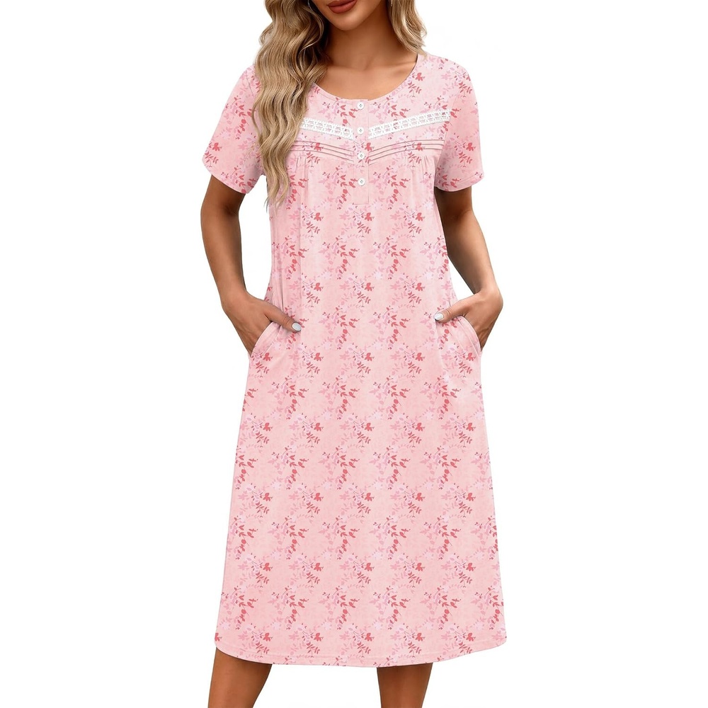 image:imageEkouaer Nightgowns for Women with Pockets Short Sleeve Henley SleepshirtsPink Floral