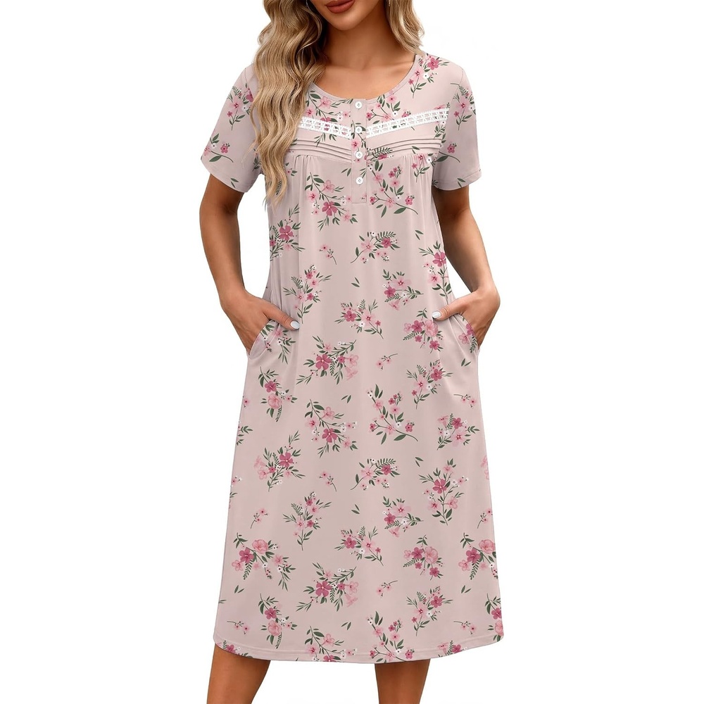 image:imageEkouaer Nightgowns for Women with Pockets Short Sleeve Henley SleepshirtsPink Floral Leaf