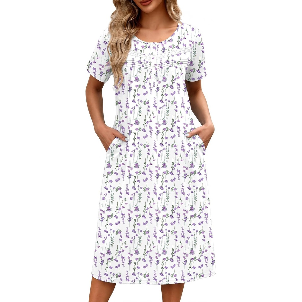 image:imageEkouaer Nightgowns for Women with Pockets Short Sleeve Henley SleepshirtsWhite Purple Floral