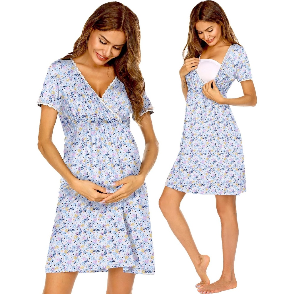 image:imageEkouaer Nursing Nightgown Labor and Delivery Gown Dress Maternity PajamasBlue White Floral