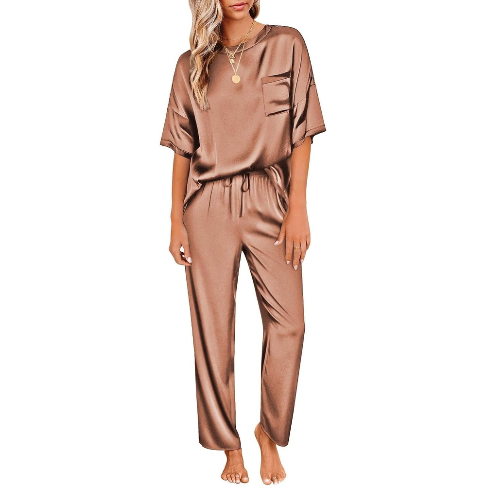 image:imageEkouaer Pajamas for Women Set Silky Satin 2 Piece Lounge Sets with PocketsBrown