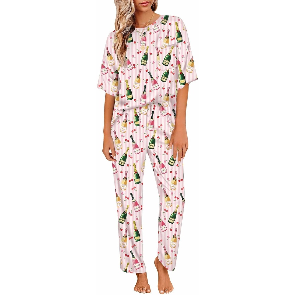 image:imageEkouaer Pajamas for Women Set Silky Satin 2 Piece Lounge Sets with PocketsChampagne Cherry