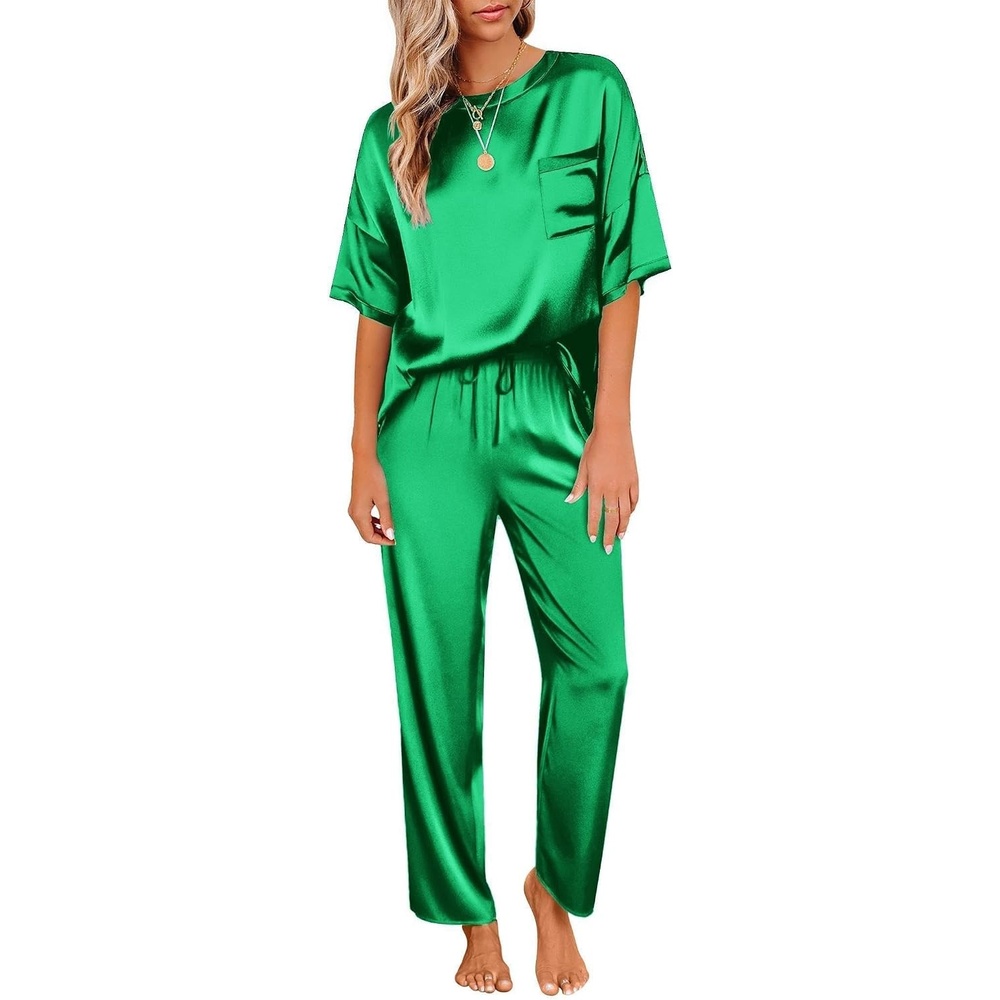 image:imageEkouaer Pajamas for Women Set Silky Satin 2 Piece Lounge Sets with PocketsFresh Green