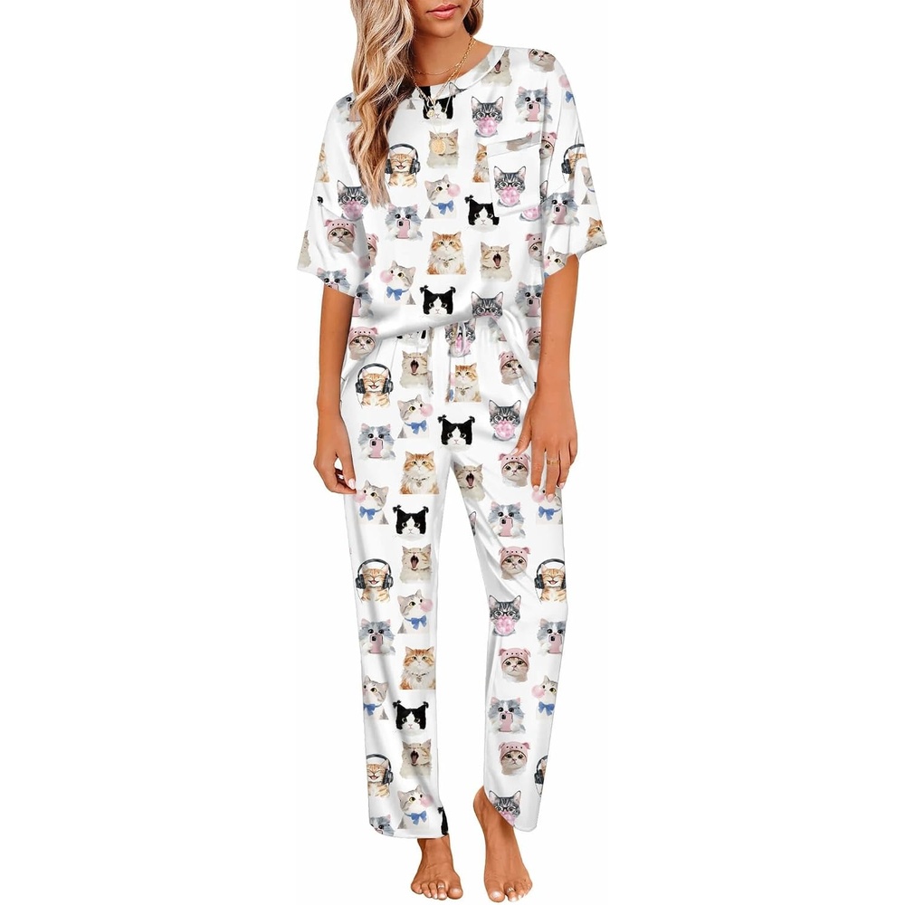 image:imageEkouaer Pajamas for Women Set Silky Satin 2 Piece Lounge Sets with PocketsFunny Cat