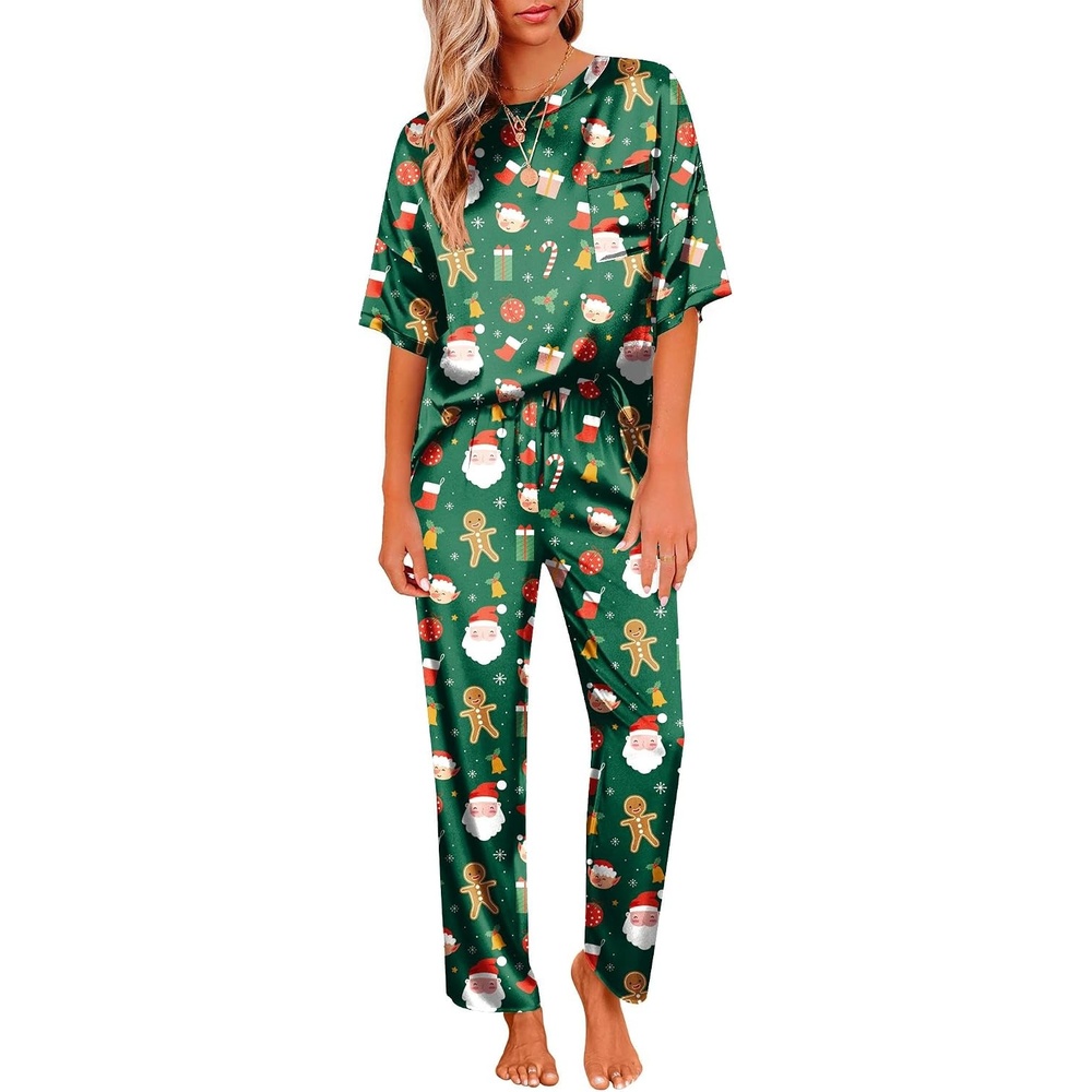 image:imageEkouaer Pajamas for Women Set Silky Satin 2 Piece Lounge Sets with PocketsGreen Christmas