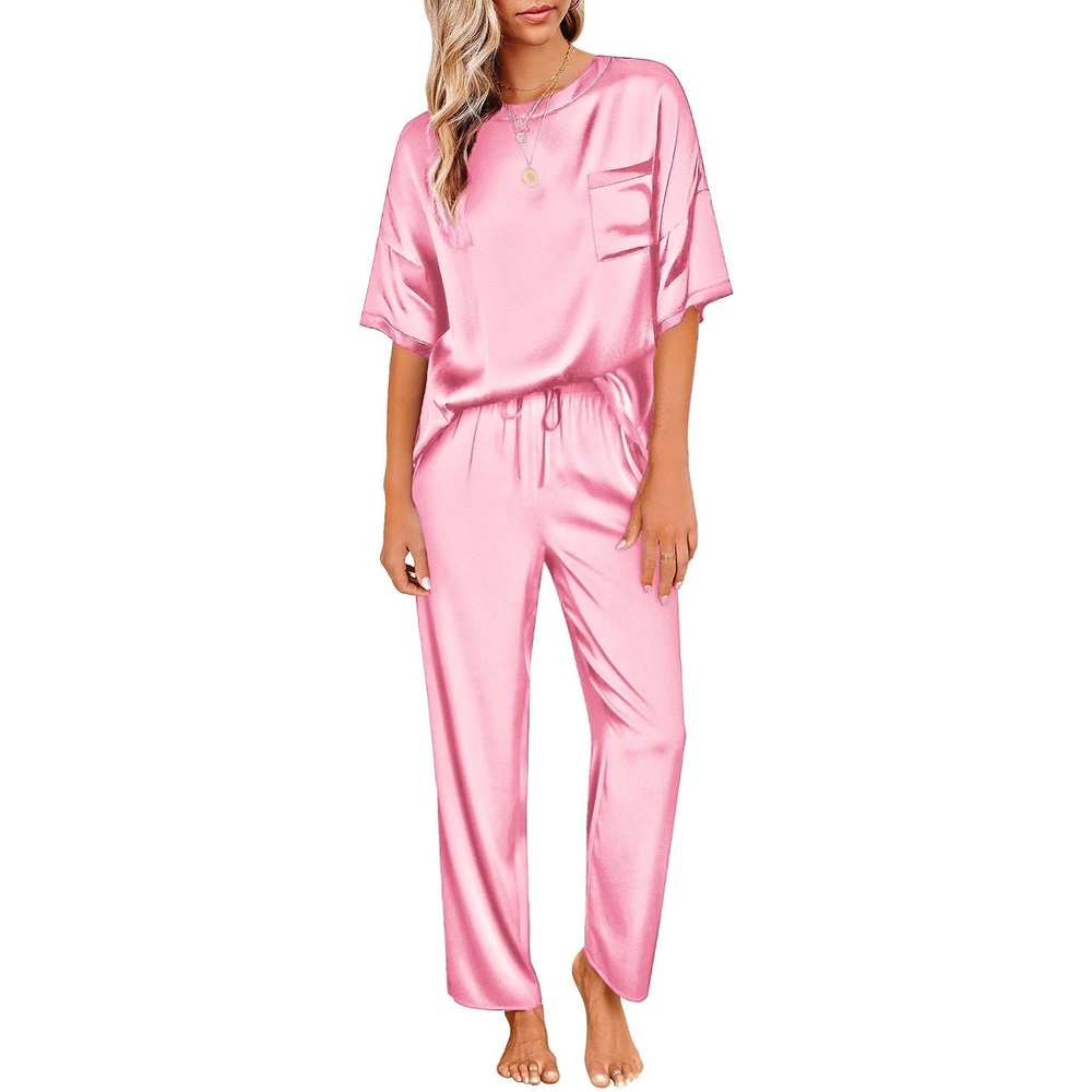 image:imageEkouaer Pajamas for Women Set Silky Satin 2 Piece Lounge Sets with PocketsHot Pink