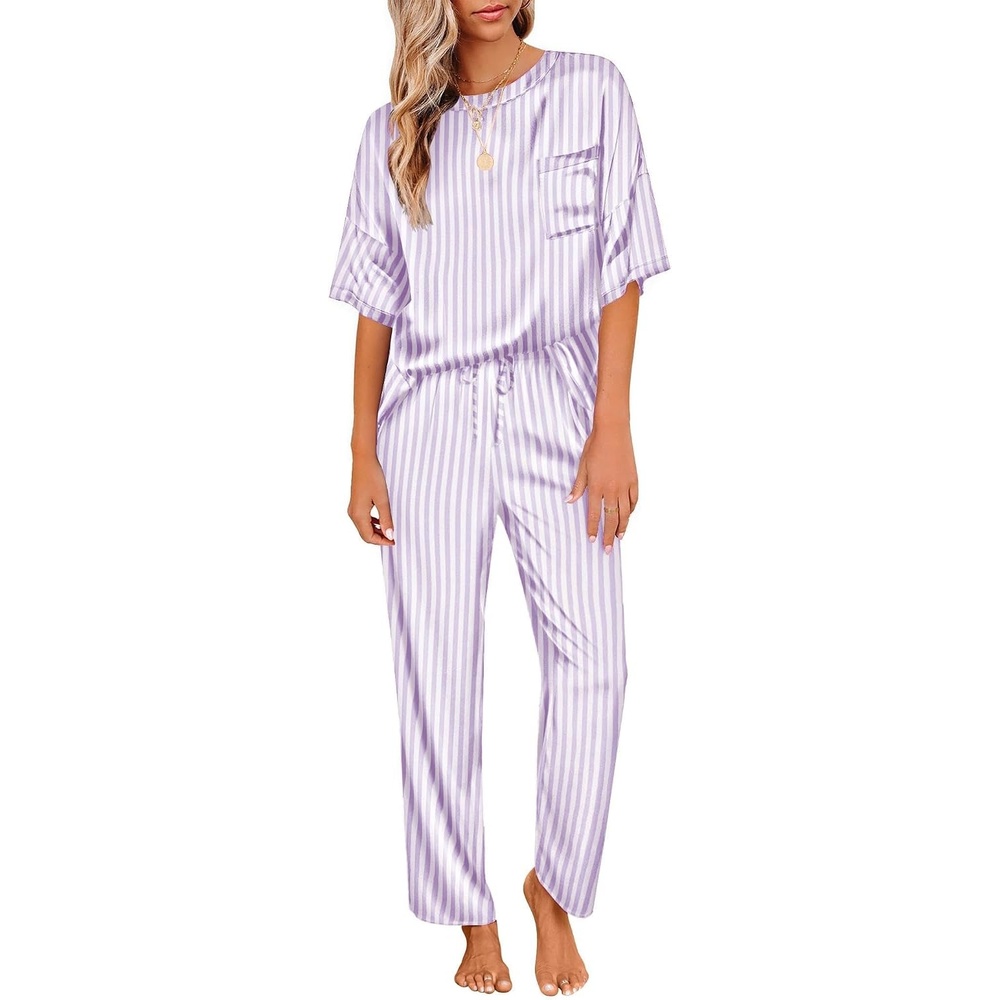 image:imageEkouaer Pajamas for Women Set Silky Satin 2 Piece Lounge Sets with PocketsPurple Striped