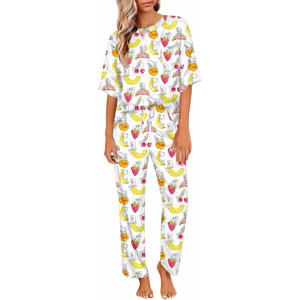 image:imageEkouaer Pajamas for Women Set Silky Satin 2 Piece Lounge Sets with PocketsTropical Fruit