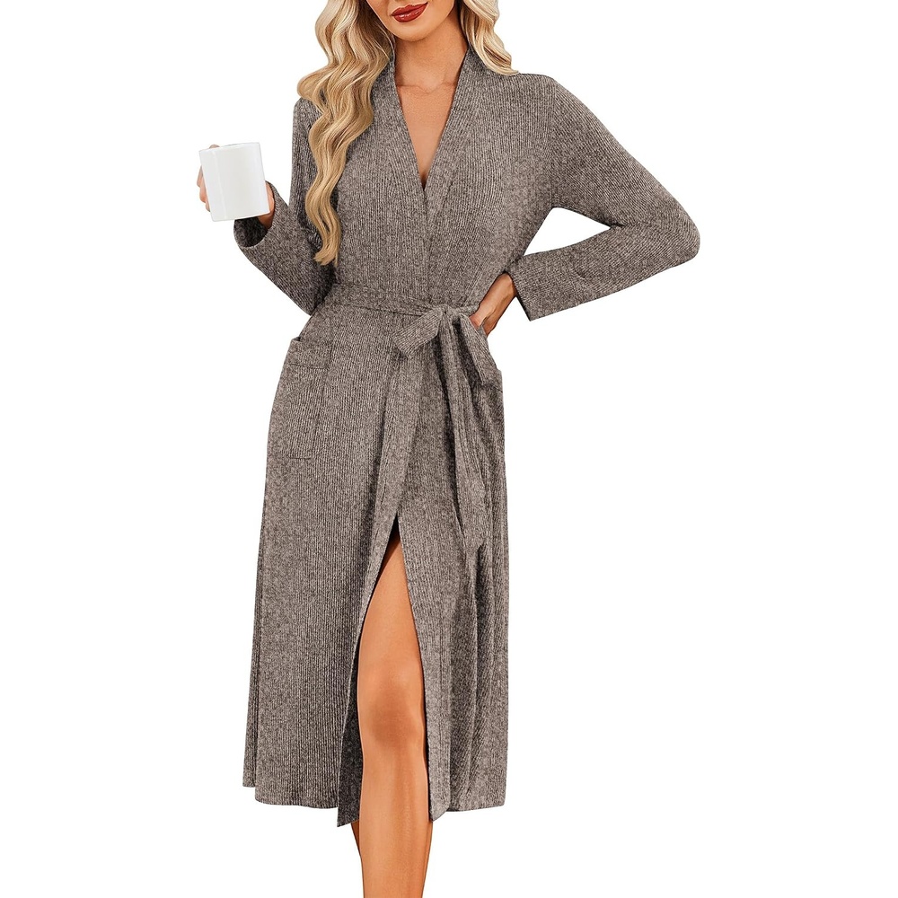 image:imageEkouaer Robe for Women Long Knit Kimono Bathrobe Soft Lightweight SleepwearCoffee Brown