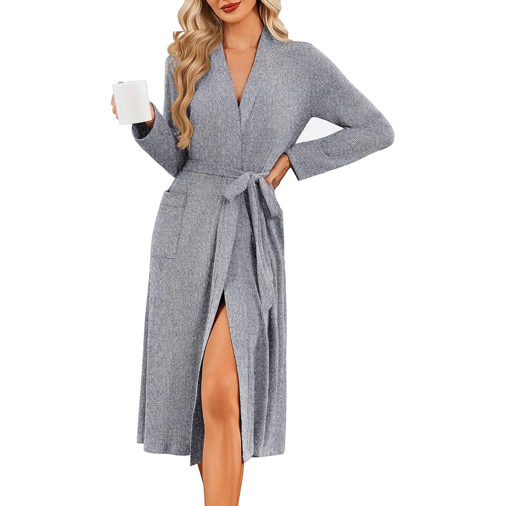 image:imageEkouaer Robe for Women Long Knit Kimono Bathrobe Soft Lightweight SleepwearDim Gray
