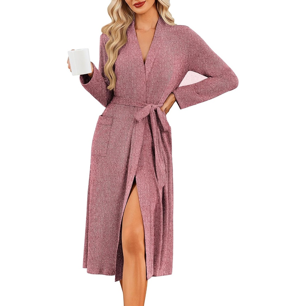 image:imageEkouaer Robe for Women Long Knit Kimono Bathrobe Soft Lightweight SleepwearWine Red