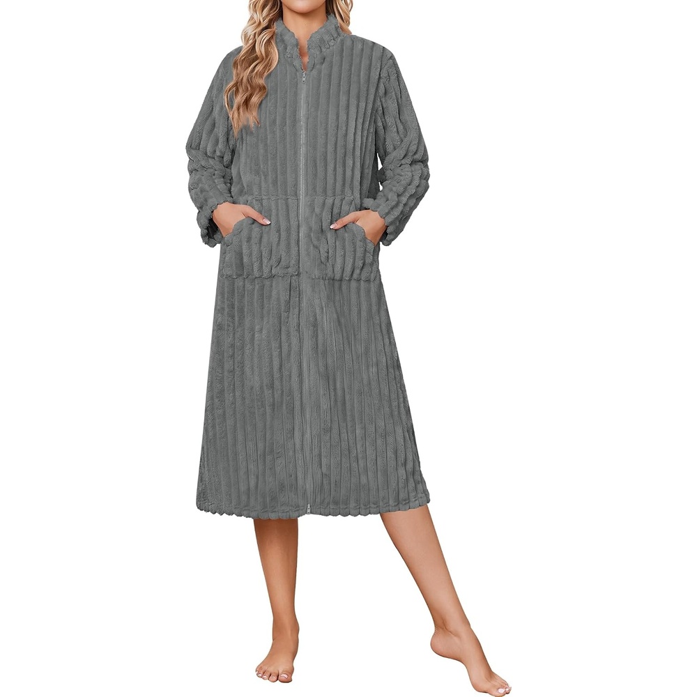 image:imageEkouaer Women Plush Robe Zip Up Bathrobe Fleece Warm Housecoat with PocketsDark Grey