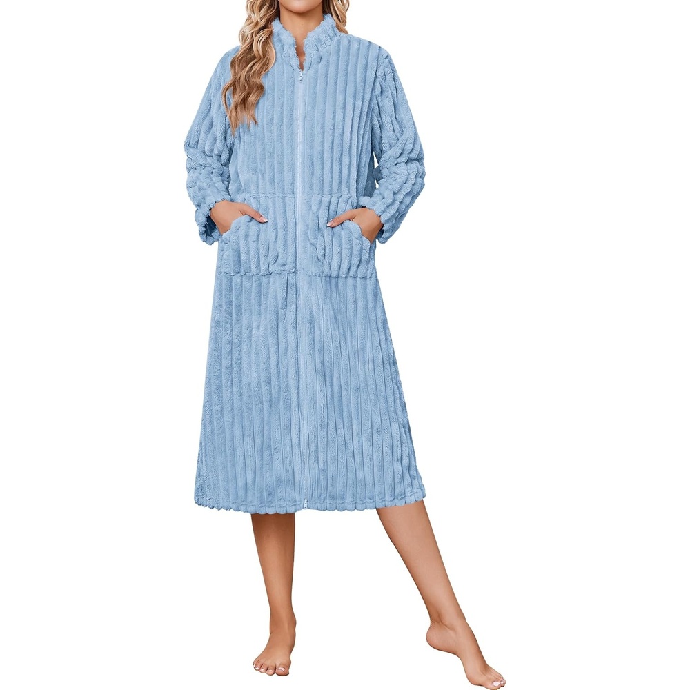 image:imageEkouaer Women Plush Robe Zip Up Bathrobe Fleece Warm Housecoat with PocketsLight Blue