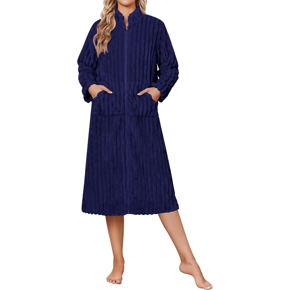 image:imageEkouaer Women Plush Robe Zip Up Bathrobe Fleece Warm Housecoat with PocketsNavy Blue