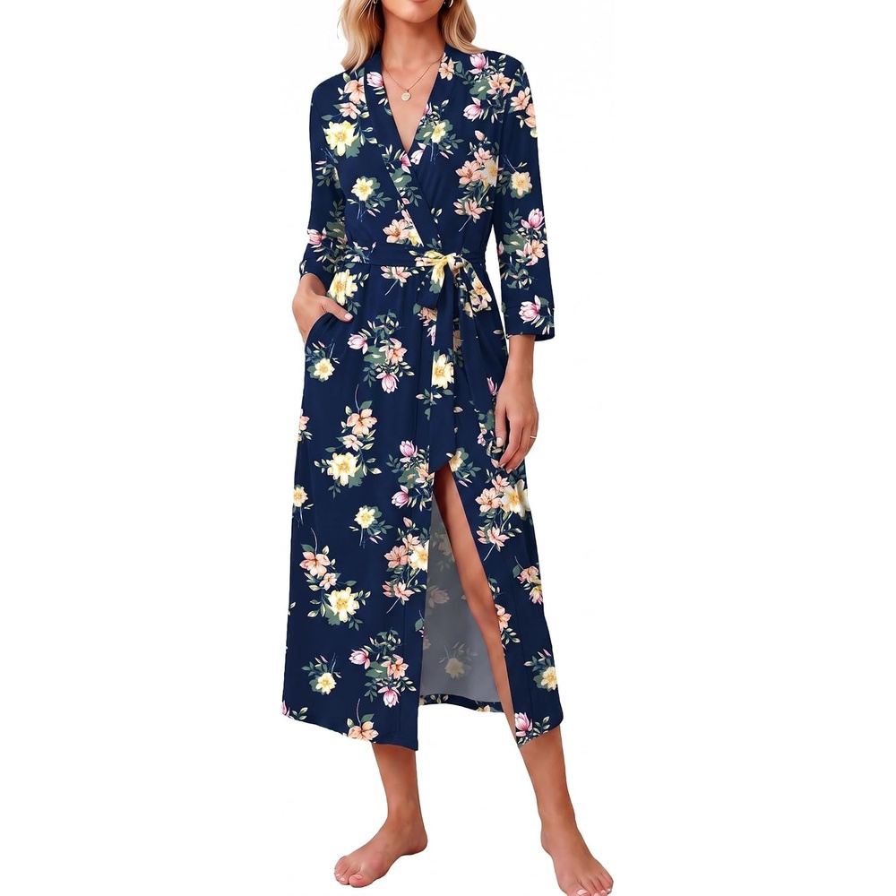 image:imageEkouaer Women Robes Long Knit Bathrobe Soft Kimono Loungewear with Pockets01navy Blue Floral