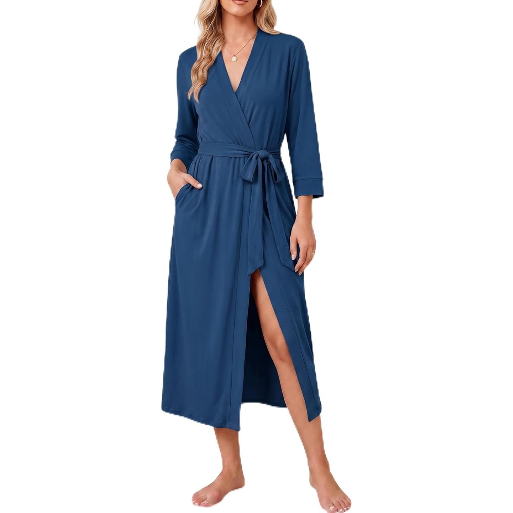 image:imageEkouaer Women Robes Long Knit Bathrobe Soft Kimono Loungewear with PocketsBlue