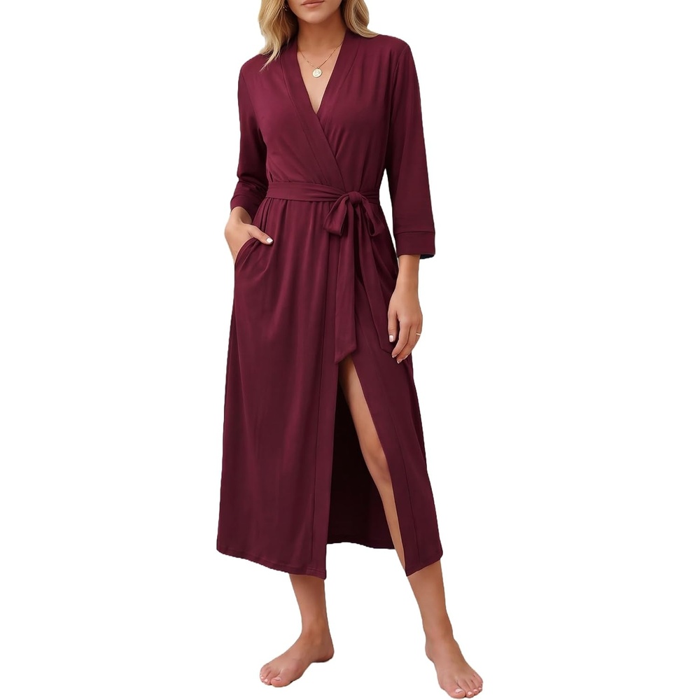 image:imageEkouaer Women Robes Long Knit Bathrobe Soft Kimono Loungewear with PocketsDark Red