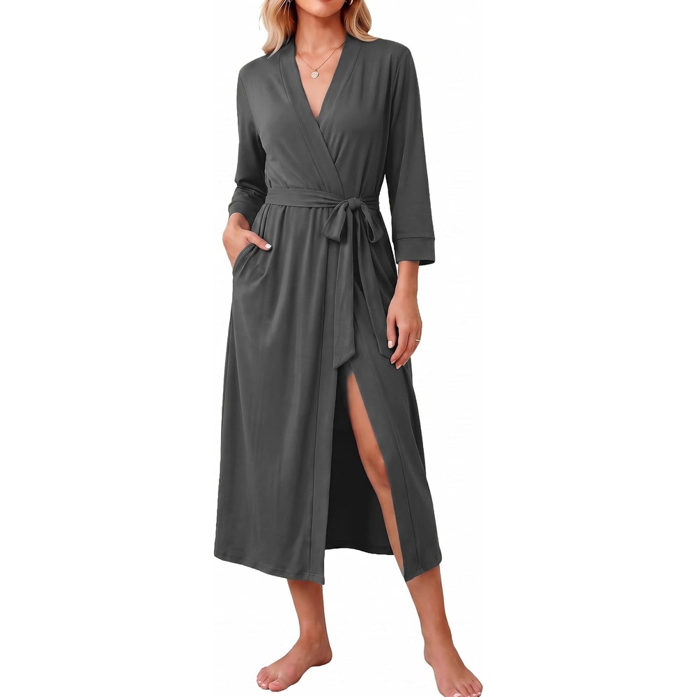 image:imageEkouaer Women Robes Long Knit Bathrobe Soft Kimono Loungewear with PocketsGrey