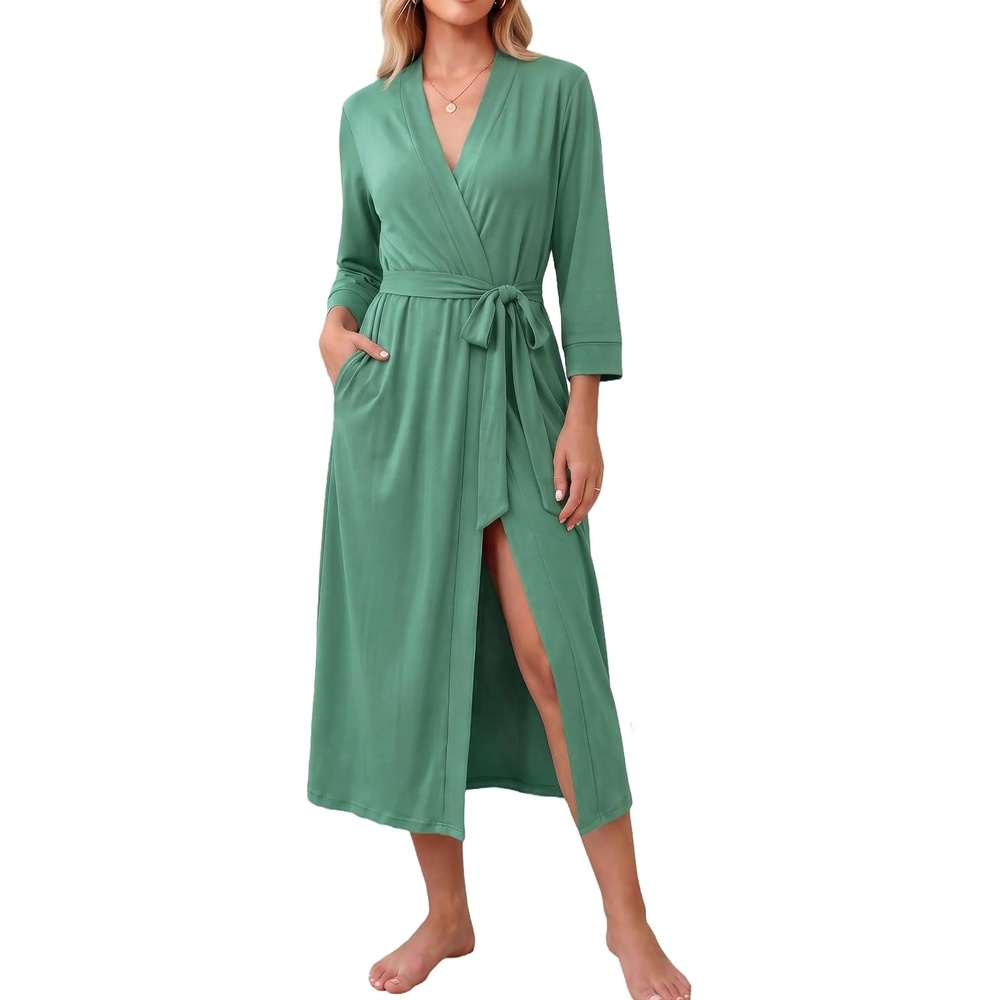 image:imageEkouaer Women Robes Long Knit Bathrobe Soft Kimono Loungewear with PocketsGrey Green