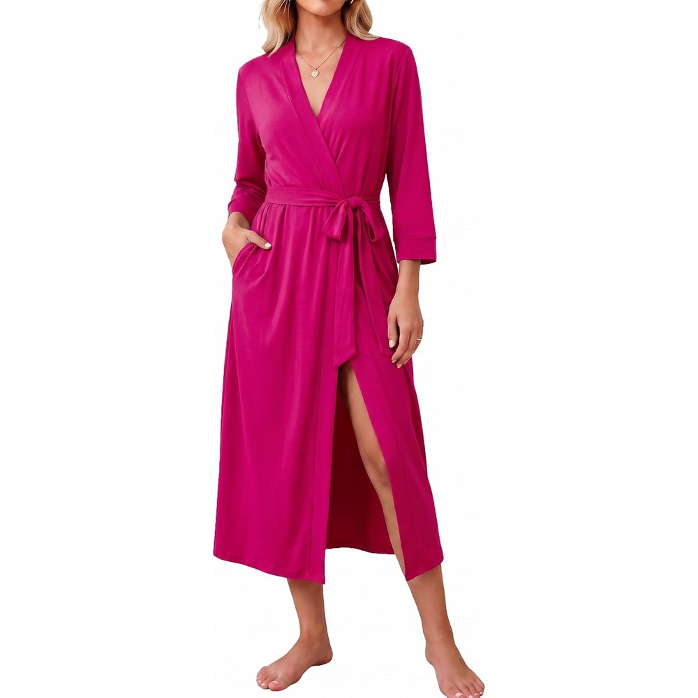 image:imageEkouaer Women Robes Long Knit Bathrobe Soft Kimono Loungewear with PocketsHot Pink