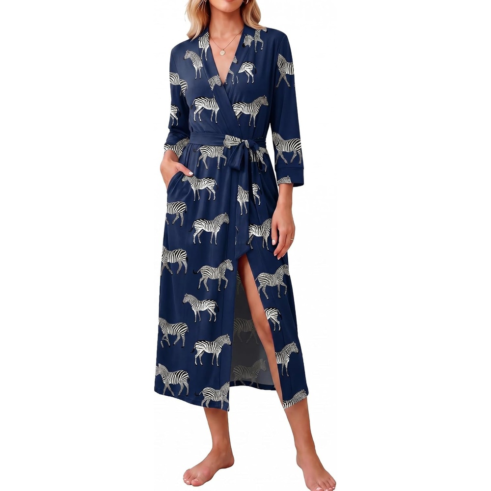image:imageEkouaer Women Robes Long Knit Bathrobe Soft Kimono Loungewear with PocketsNavy Zebra
