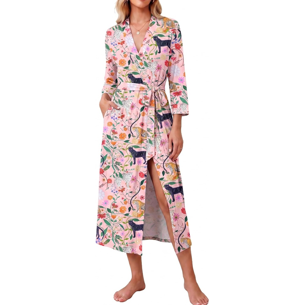 image:imageEkouaer Women Robes Long Knit Bathrobe Soft Kimono Loungewear with PocketsPink Tiger